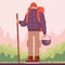 Man traveling trekking with backpacks in forest. Color cartoon flat vector illustration