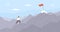 Man travelling through mountain ridge to final destination point. Office worker climbing up cliffs. Concept of business