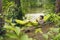 Man travels on bicycle, relaxing in green hammock, surfing Internet on smartphone, listening music on headphones in