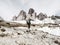 Man trekking in the Alps. Mountain ridge of Tre Cime