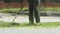 Man trimming grass in a garden using a lawnmower