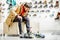 Man trying shoes for hiking in the shop