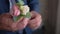 A man twists a boutonniere in his hands. Close-up process.