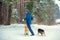 A man with two dogs on leashes walking in winter forest