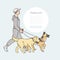 Man with two large dogs on leash. Vector line art host with pets shepherd and labrador for a walk illustration banner