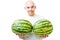 Man with two watermelons show double growth