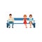 Man and two women sitting on bench and waiting for their turn. People in queue. Colorful flat vector illustration