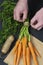 Man tying a bundle of carrots with garden string on a brown paper bag.