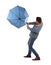 Man with umbrella caught in gust of wind on white background