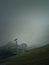 Man with umbrella climbing a mountain hill in a gloomy weather with dense mist. Moody hiking scene with a wanderer walking on the