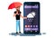 Man with umbrella standing in large smartphone