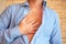 Man unbuttoned his shirt on his chest and placed his hand on sternum area because of severe pain behind his sternum or chest. Conc