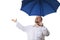Man under blue umbrella