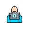 Man under the camera lens flat color line icon.