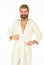 Man in underwear. Hygiene. Man in terry bathrobe in the bathroom. mature man wear bathrobe relaxing at spa. Caucasian