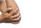 A man unhappy suffering from working, catch his elbow becauseelbow pain and hand pain,closeup.