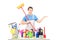 Man in a uniform holding a broom and posing with cleaning supplies