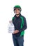 Man with uniform jacket and helmet delivering food