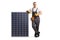 Man in a uniform leaning on a photovoltaic module for sustainable solar energy and pointing