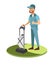 Man in uniform washing carpet with vacuum cleaner