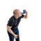 The man uses neti pot. Isolated on a white background. Flushing the nose