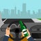 Man using alcohol while driving a car is a conceptual vector illustration of graphic design.