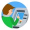 Man using ATM machine. Vector illustration of people round icone isolated white background.