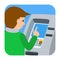 Man using ATM machine. Vector illustration of people square icone isolated white background.