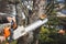 Man using chainsaw in garden. Cutting branch of tree