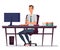 Man using computer and drinking coffee illustration. Office worker sitting at desk vector clipart