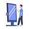 Man using interactive kiosk stand with display flat vector illustration isolated.