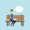 Man using laptop sitting wooden bench chat bubble character full length over blue background flat