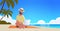 Man using laptop on tropical sea beach summer vacation online communication blogging concept seascape background full