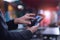 Man using mobile smartphone for online banking in cafeteria