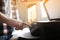 Man using modern multifunction printer in office, closeup