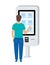 Man using self-service payment and information electronic terminal with touch screen. Vector illustration in flat style