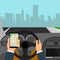 Man using smartphone while driving the car, traffic accident graphic design conceptual vector illustration. City map