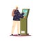 Man using terminal for self service payment. Modern touch screen informational kiosk technology