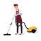 Man using vacuum cleaner flat character. Husband cleaning carpet, doing housework, domestic chores, everyday routine