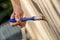 Man varnishing wooden fence in his garden