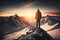 man, with view of the sun setting behind the mountain range, standing on snowy summit