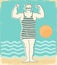 Man in vintage swimming dress on sun beach sea waves poster. Vector hand drawn retro illustration of vintage man wear bathing suit