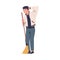 Man Volunteer Character with Broom Standing and Scratching Head Cleaning Street Vector Illustration