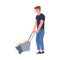 Man Volunteer Character Pushing Wheelbarrow with Foliage Cleaning Street Vector Illustration