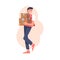 Man Volunteer Character Walking with Cardboard Box Giving Humanitarian Aid and Help to Poor Vector Illustration