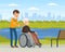Man Volunteer Pushing Wheelchair with Senior Disabled Man Vector Illustration.
