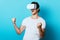 Man in vr showing yeah gesture