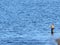 A man in waders fishing from in the water.