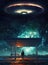 A man waiting at a bus stop, seemingly unaware of the UFO hovering in the sky above him, sci fi concept. Generative AI
