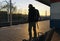 Man waiting for a S Bahn around a railway stations in Berlin in the afternoon